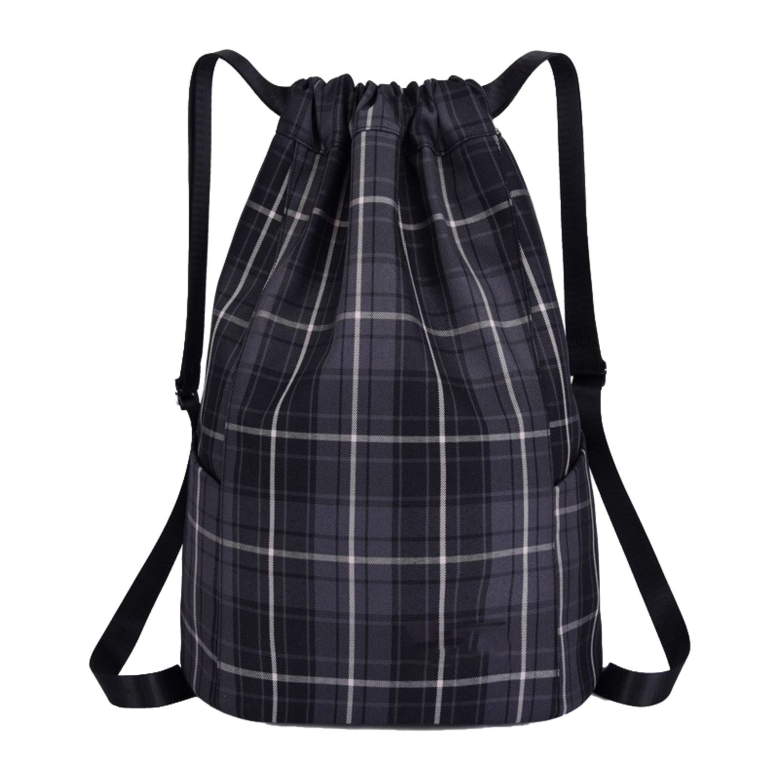Men Women Adjustable Shoulder Strap Plaid Printed Canvas Drawstring Backpack Storage Bag Rucksack for Travel Fitness Yoga