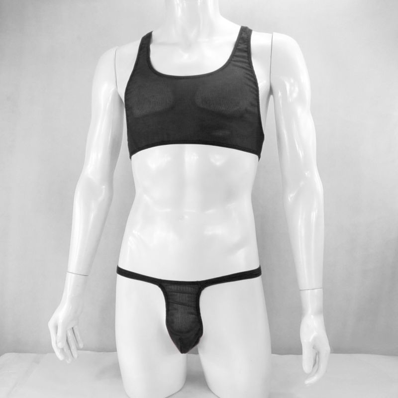 G435Q Mens short Tank Top Harness bodysuit  High Cut Racer Back Nylon spandex Stripes Semi C-thru Stretchy