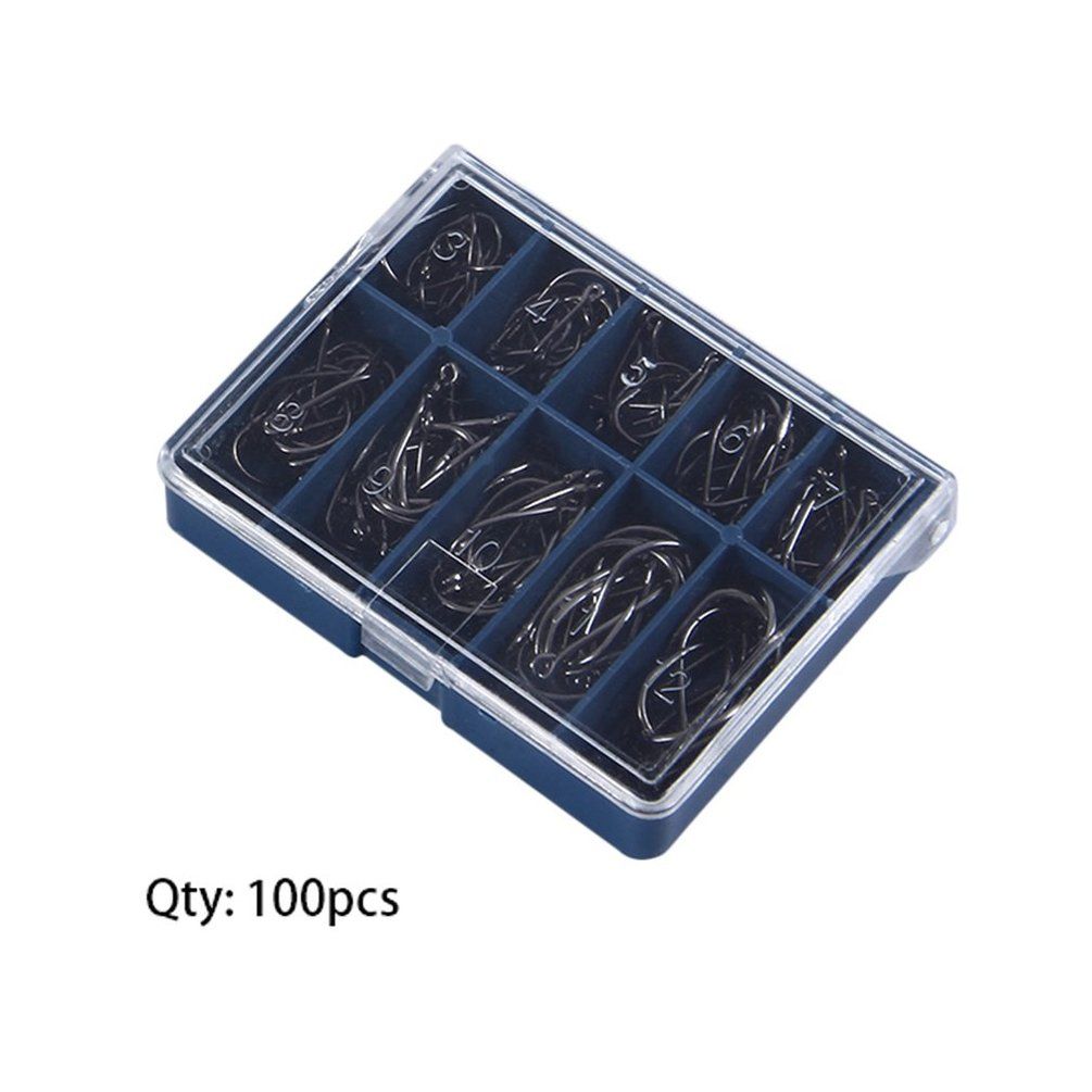 1 Set 100 Pcs 10 Sizes 3# - 12# Black Silver Fishing Hooks With Carry Box - Silver