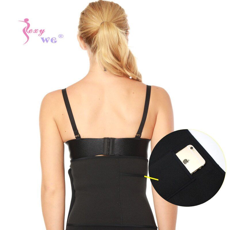 WG Women Waist Supports Belt with Phone Pocket Waist Trainer Slimming Body Shaper Neoprene Sauna Strap Shapewear Sports Top