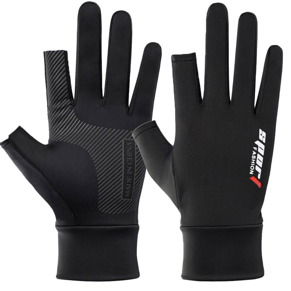 Ice Silk Riding Gloves Men Summer Leaking Two-finger Sunscreen Gloves - black