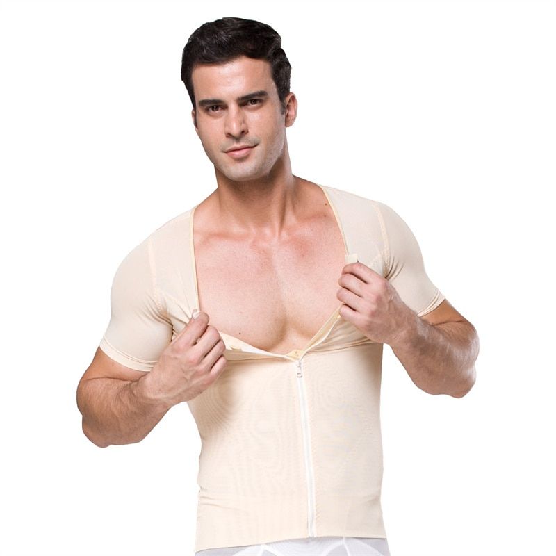 M-2XL Front Zipper Corset For Man Shapewear Short Sleeve Body Shaper Mens Chest Compression Shirt Gynecomastia Vest