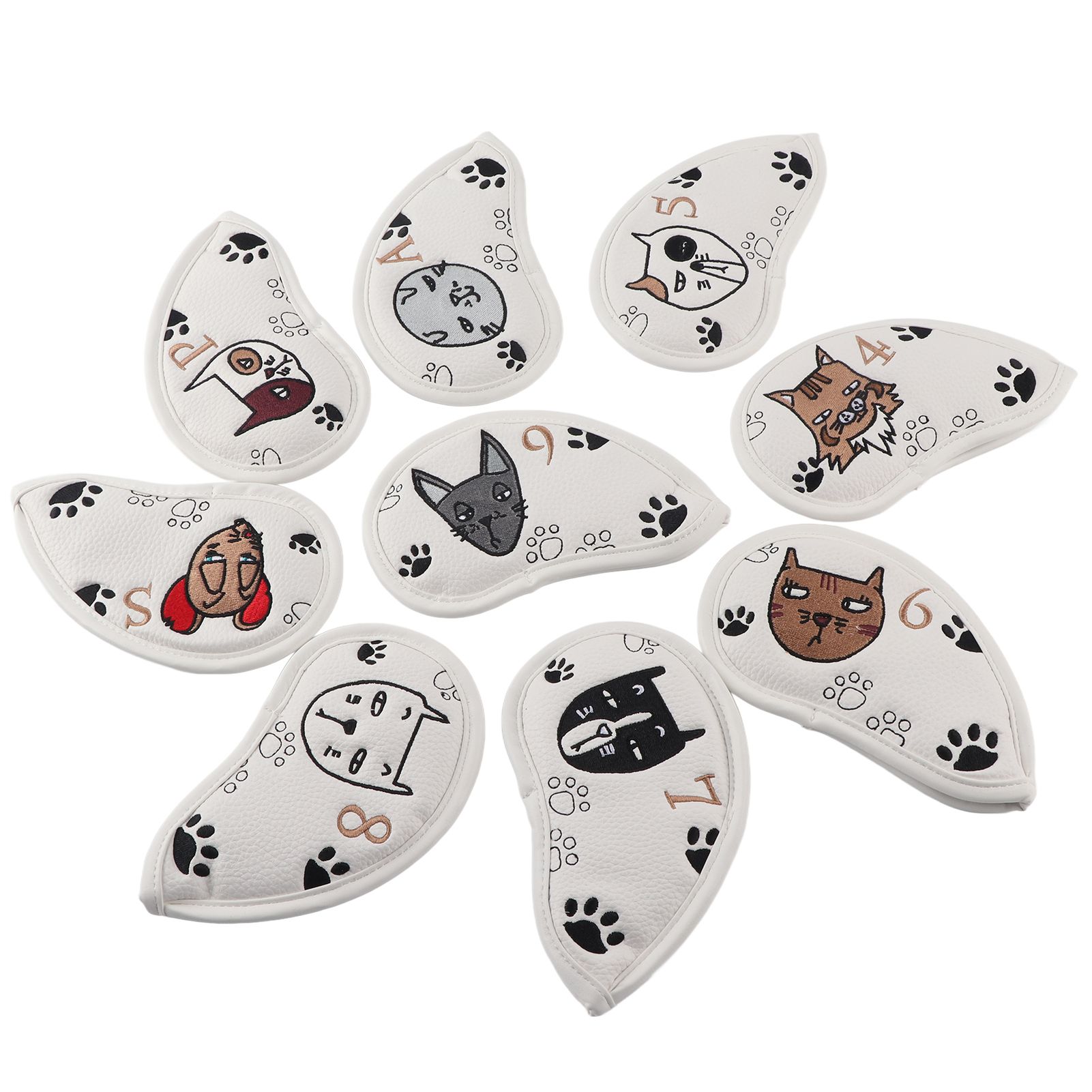 9PCS PU Leather Waterproof Putter Head Cover Iron Club Headcover Accs Gift