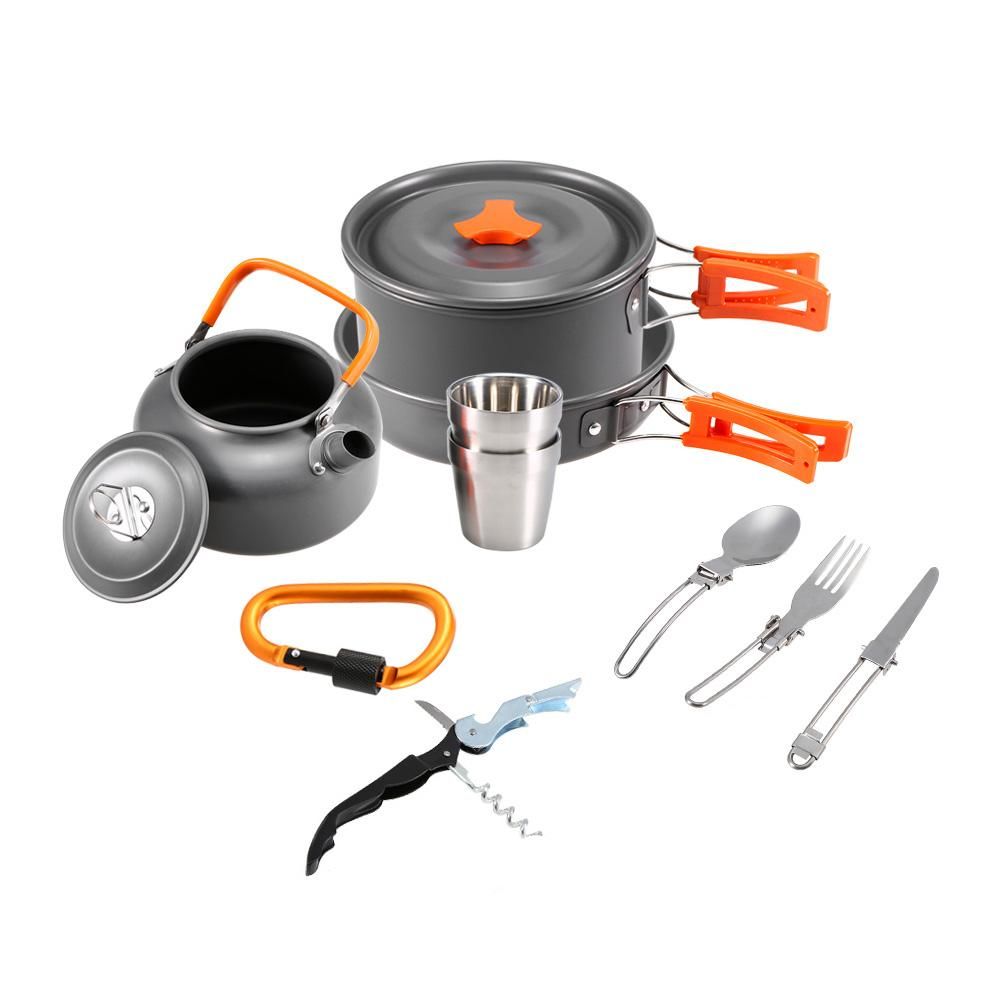 Outdoor Camping Cookware 10 Piece Pot Pan Set Backpacking Cooking Picnic Camping Cookware Tableware Kit with Folding Spoon Fork Cutter Cup Bottle Opener