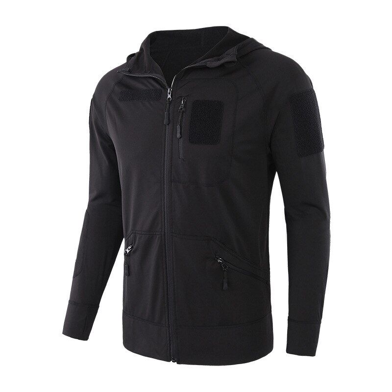 Male Outdoor Sport Hiking Climbing Travel High Stretch Thin Black Tactical Hoodie Coat Elastic Fleece Cardigan Hooded Jacket