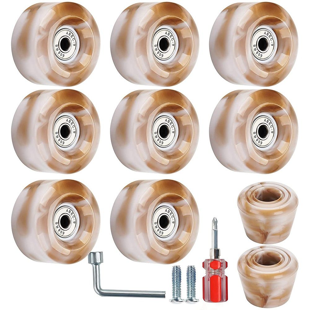 8 Pack 32 x 58mm, 82A Quad Roller Skate Wheels with Bearing Installed and 2 Toe Stoppers for Double Row Skating,Brown