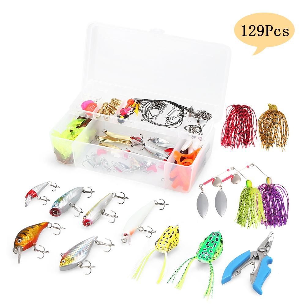 129Pcs Fishing Lures Baits Tackle Combo Including Crankbaits, Spinnerbaits, Worms, Jigs, Fishing Hooks, Beads, Plier, Fishing Tackle Box and Other Fishing Gear Lures Kit