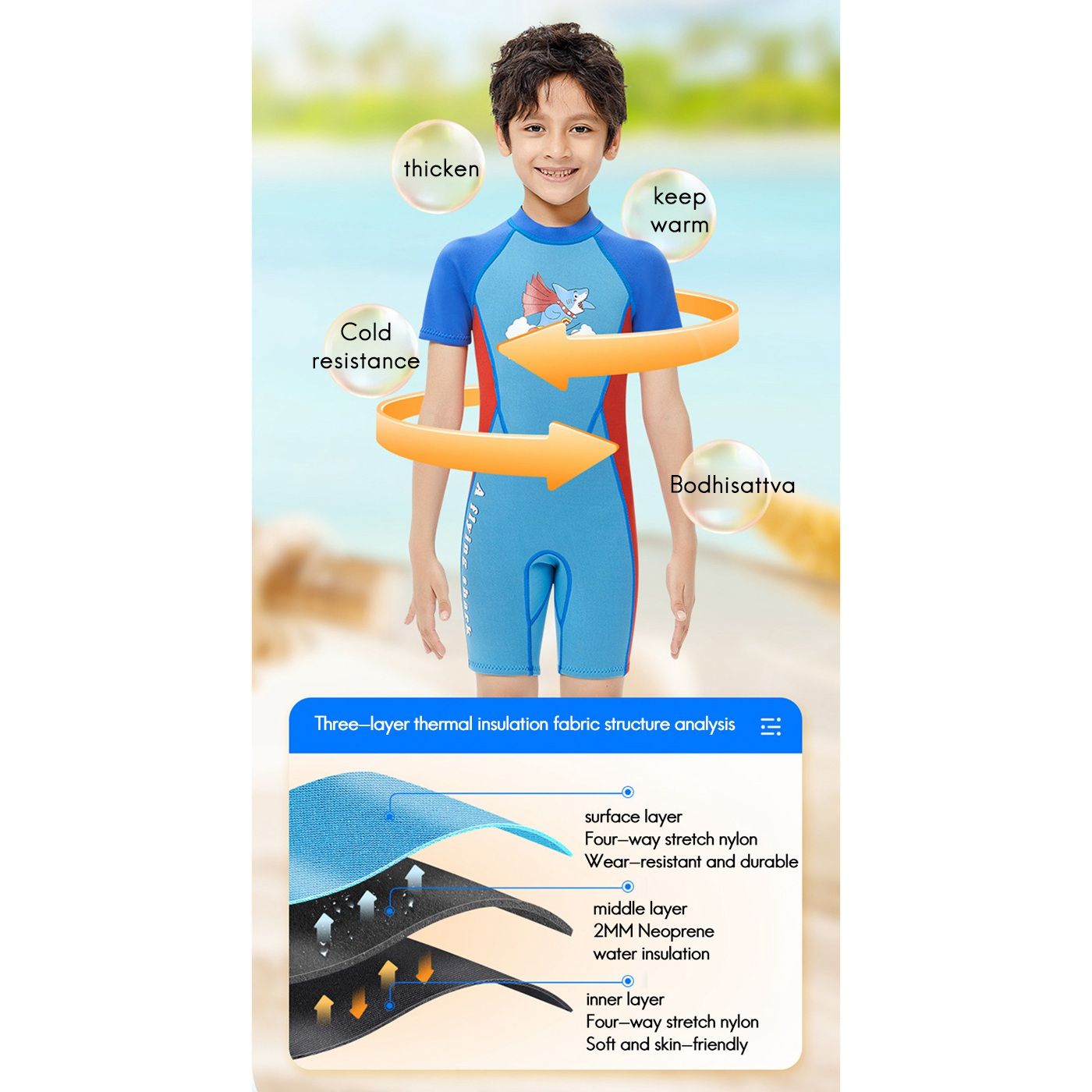 DIVE&SAIL 2.5mm Kids Crop Wetsuit Boys Thermal Neoprene Swimsuit for Scuba Diving Swimming Front Zipper Short Sleeve M