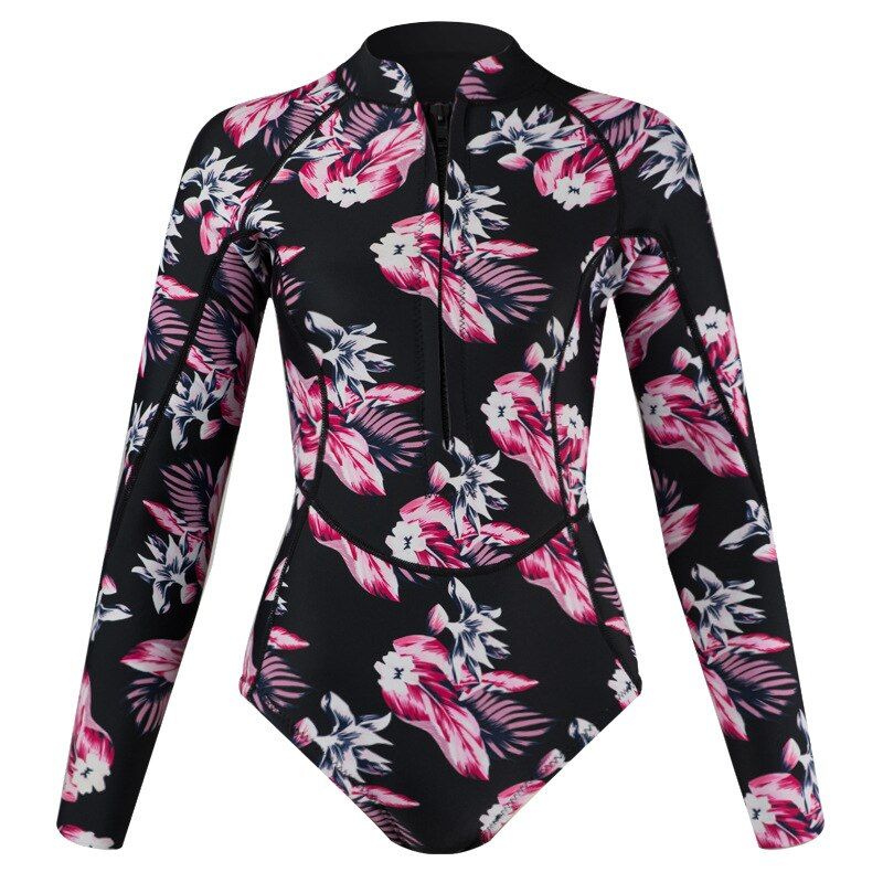 2mm Neoprene Wetsuit Long Sleeve One Piece Swimsuit Diving Suit  Water Surf Swim Snorkel Front Zip Printed