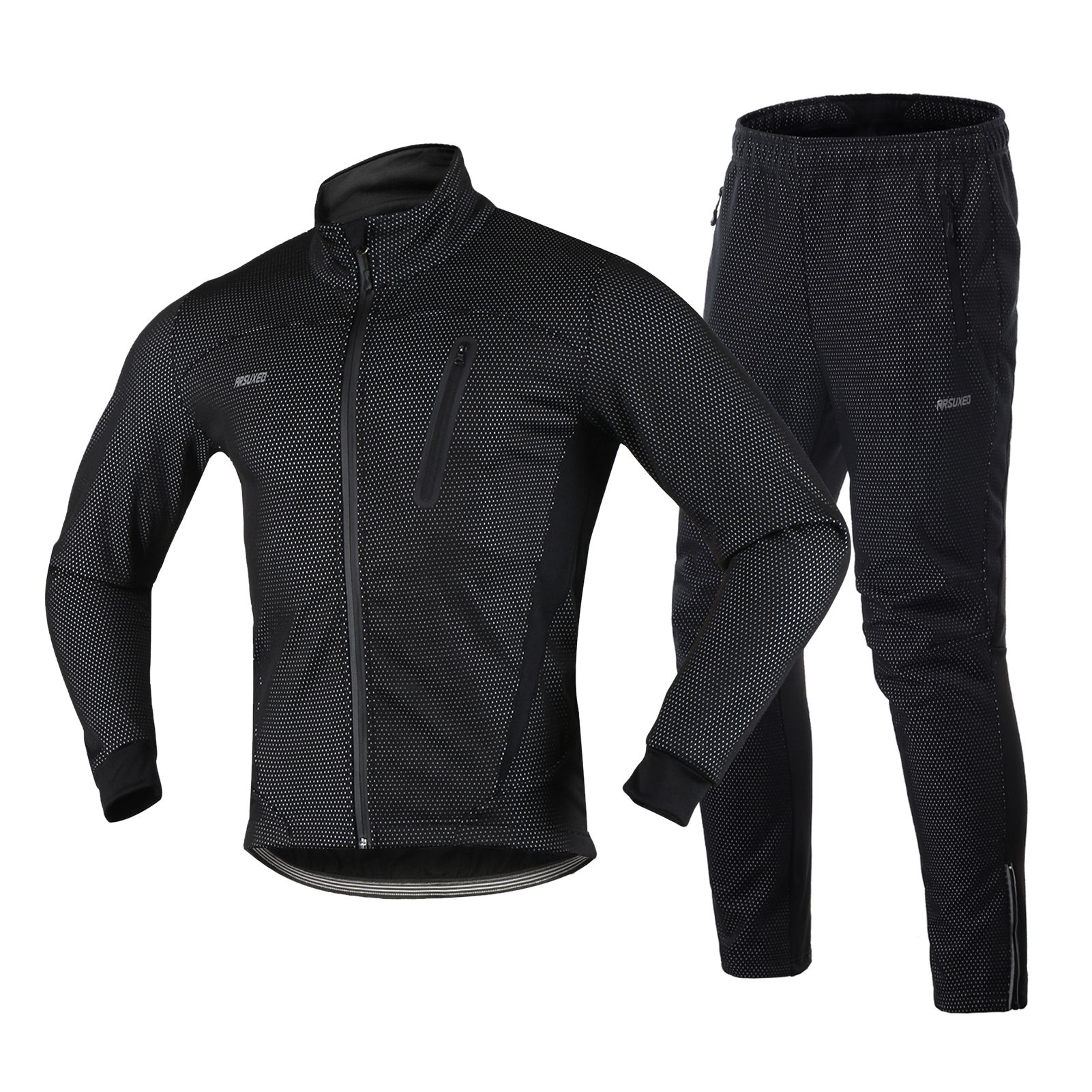 Black & S Men Winter Cycling Clothing Set Long Sleeve Windproof Bicycle Jersey with Pants Outdoor Cycling Running Sports Jacket Activewear