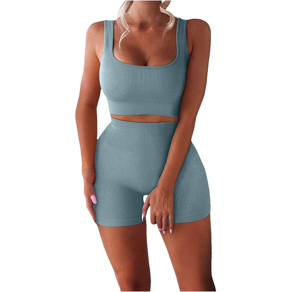 Yfashion 2pcs/set Women Polyester Fitness Suit U-neck Vest+high Waist Shorts Yoga Suit