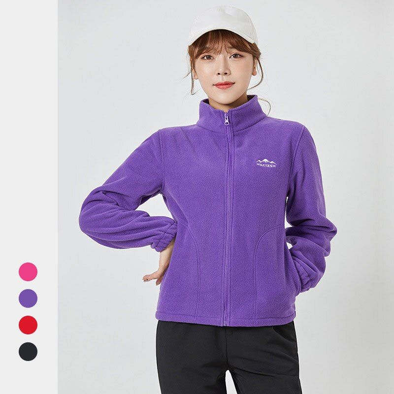 Autumn Winter Polar Fleece Jacket Women's Zipper Cardigan Solid Color Sports Stand-up Collar Double-sided Fleece Thermal Coat