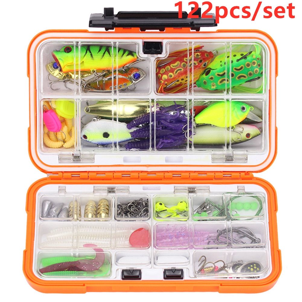 122pcs/set Multi Fishing Lure xed Colors Plastic Metal Bait Soft Lure Kit Fishing ackle Wobbler Spoon Artificias