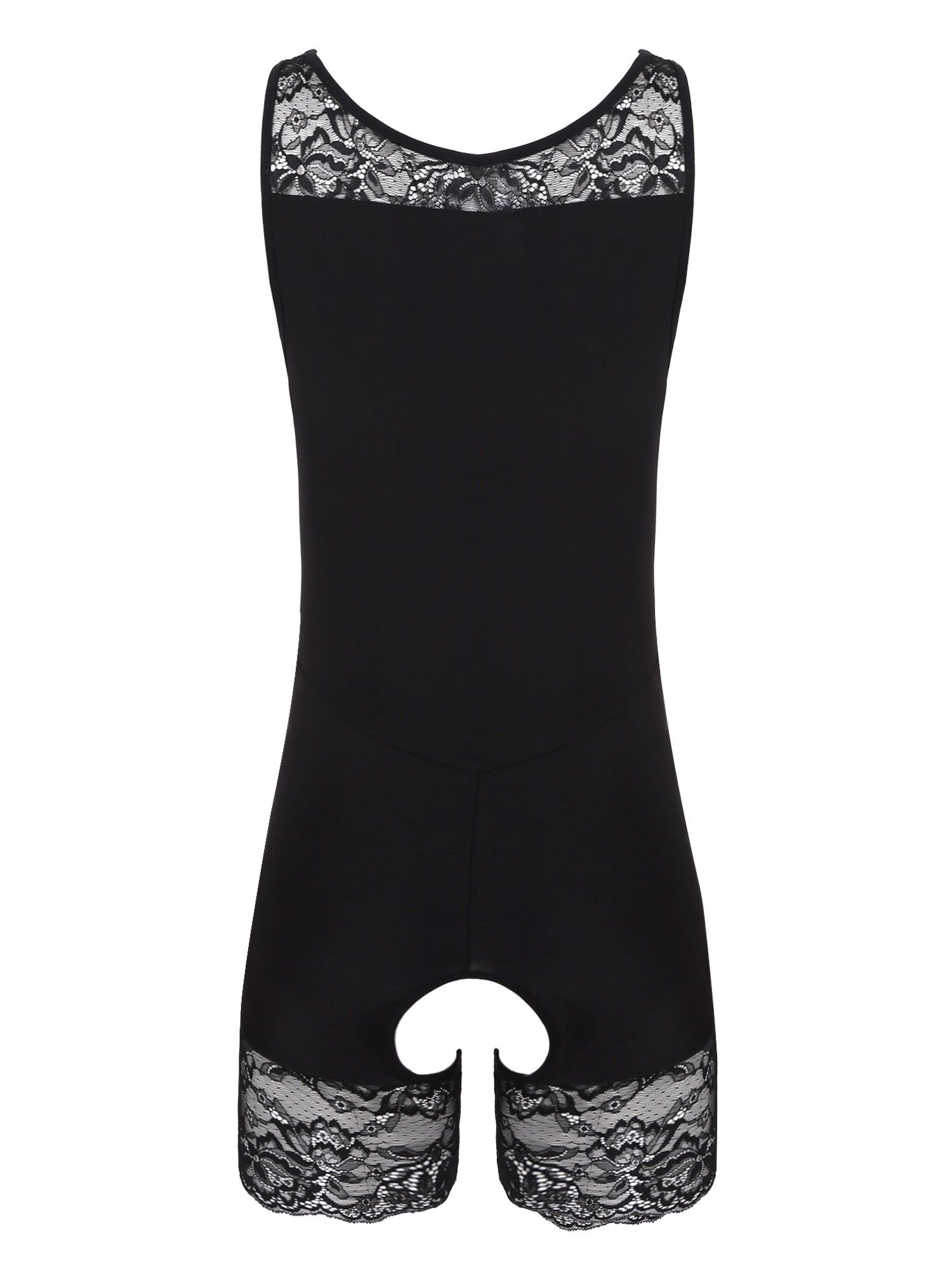 Mens Lingerie Sissy Bodyshaper Lace Patchwork Crotchless Bodysuit Scoop Neck Sleeveless Nightwear Sleepwear Underwear