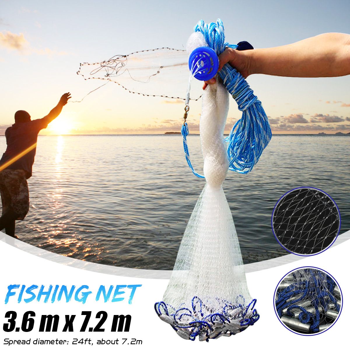 Sports life 12 X24FT Fishing Net Nylon Mono Mesh Easy Throw Hand Casting 7.2m + Sinkers HOT