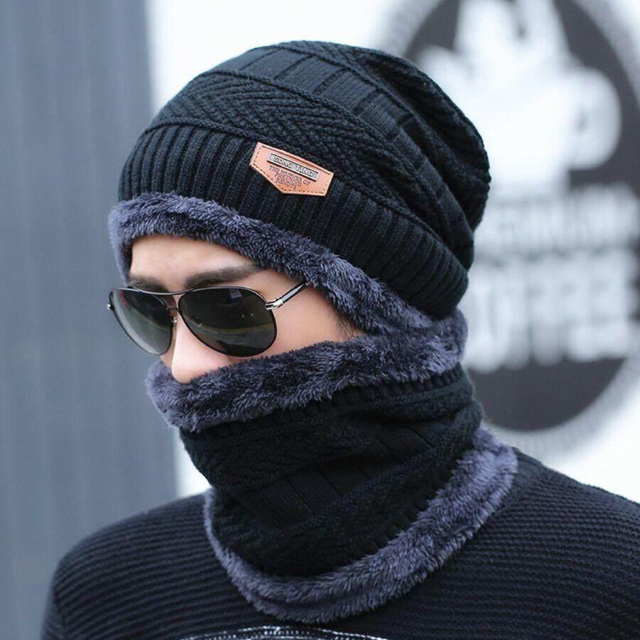 2PCS Men Beanie Hat Scarf Set, Winter Soft Warm Wool Lined Thick Knitted Lining Cap+Circle Scarf Kit, For Men&Women