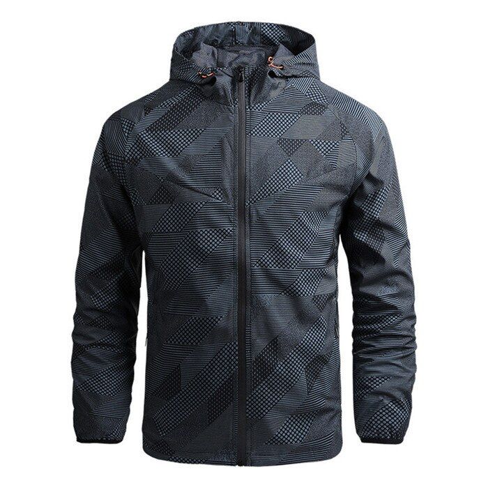 JACKSANQI Men Hiking Hooded Breathable Geometric Stitching  Jackets Outdoor Thin Windbreaker Climbing Fishing Coat RA460
