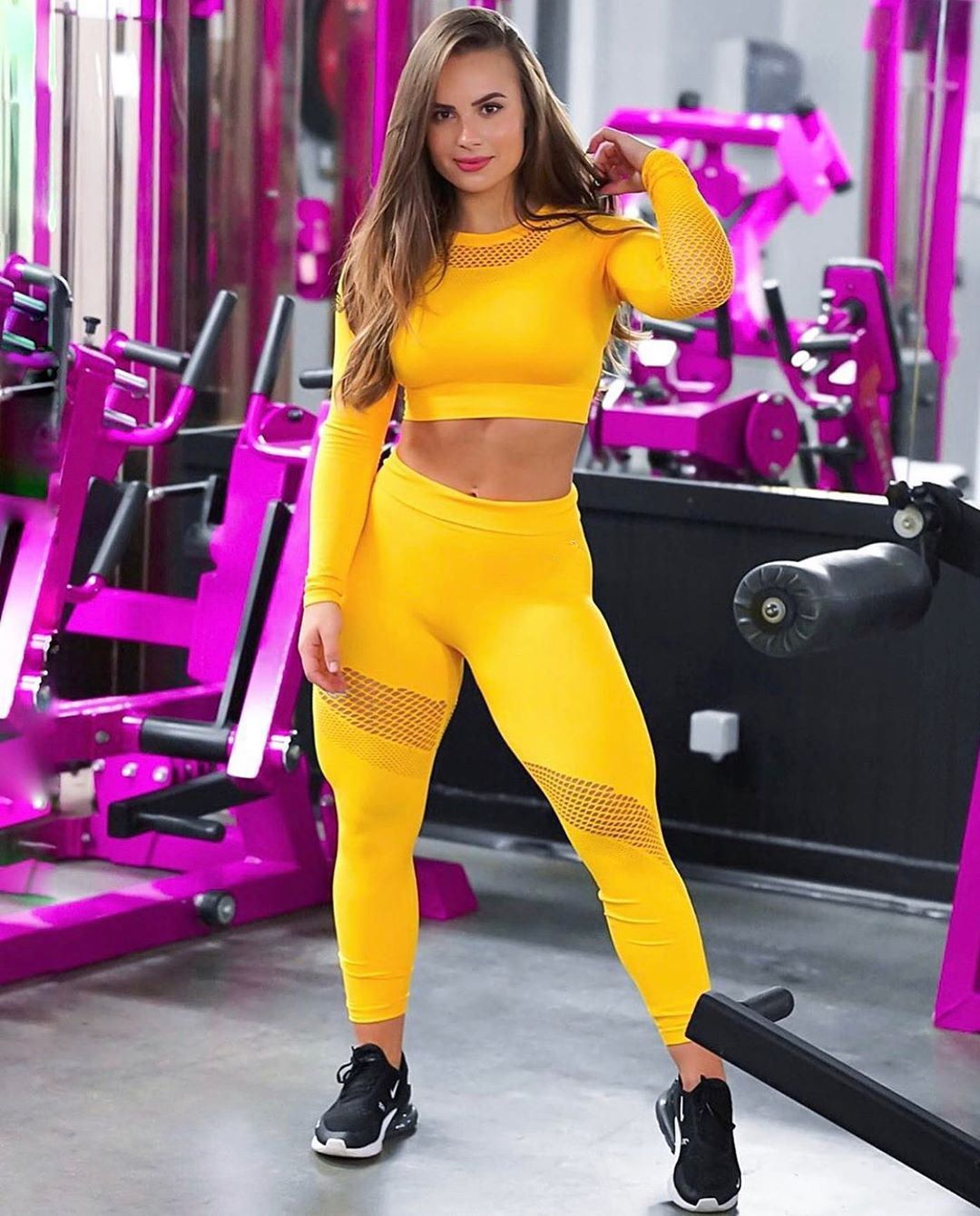 Seamless Sexy Sports Mesh Full sleeve top And high waist  leggings set-Yellow( imported)