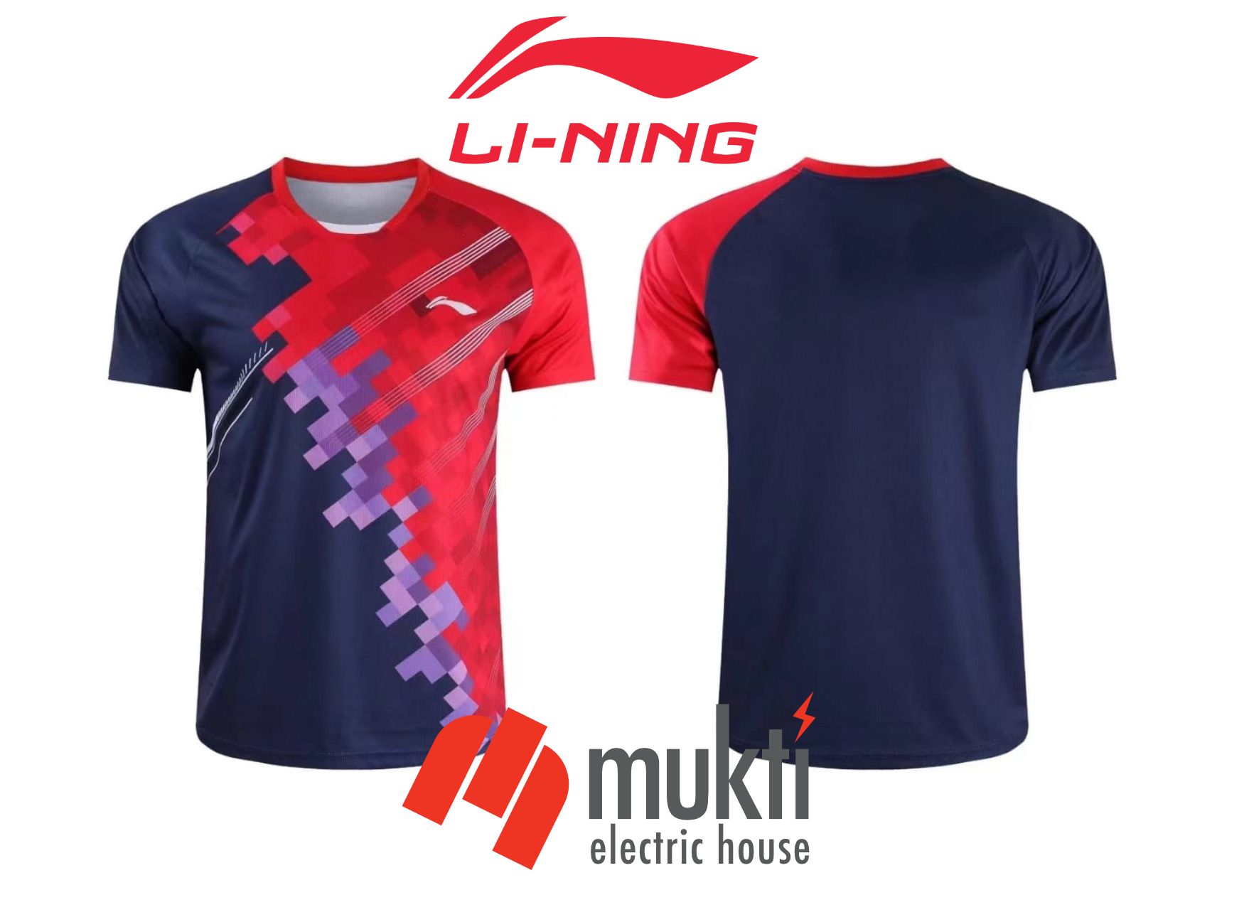 LI-NING Badminton ATSR 345 Navy Blue and Red Warrior Turbo Round Neck Sort Sleeve T-shirt Stretchable Jersey Uniform