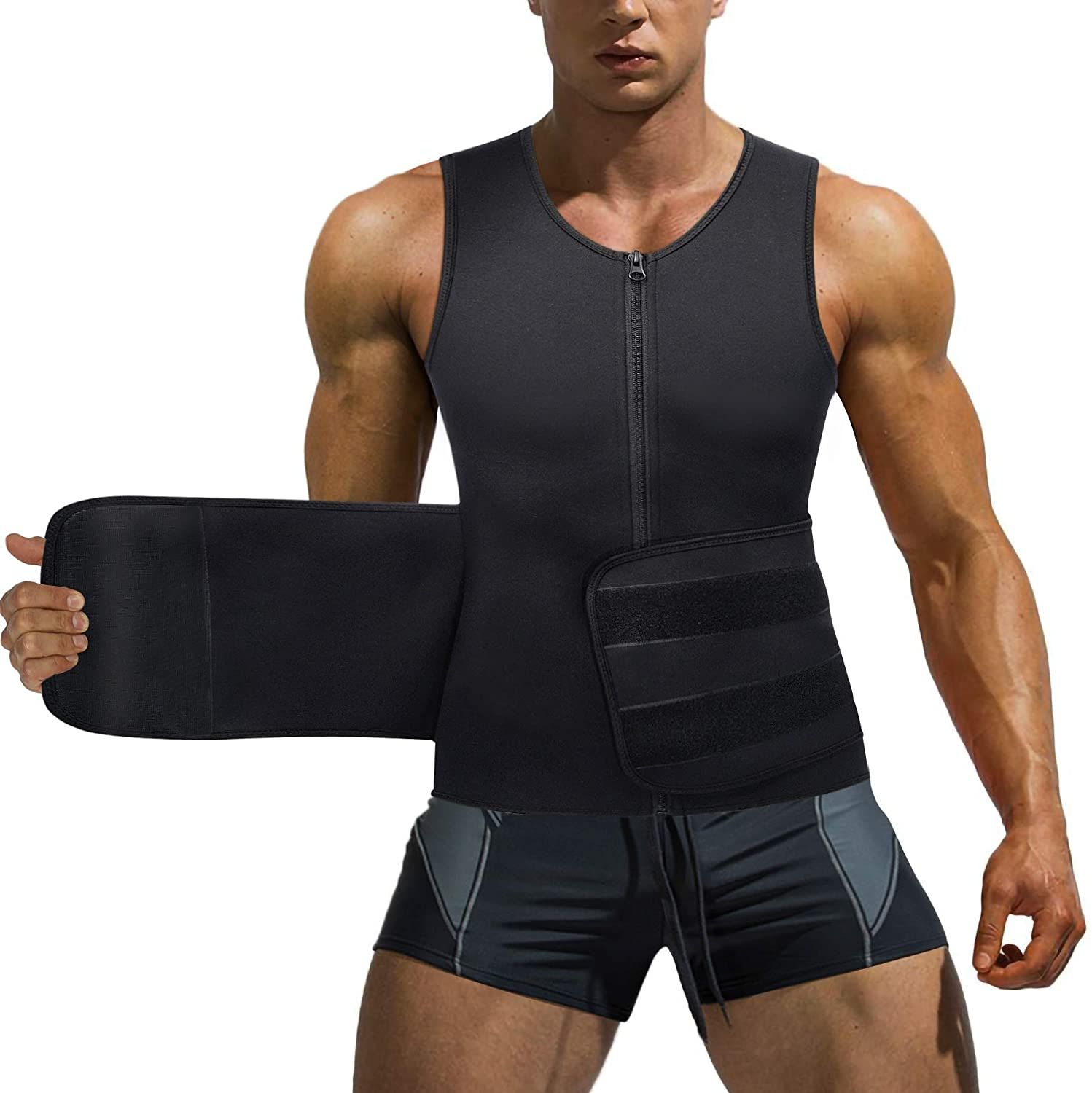 Men Corset Slimming Neoprene Sauna Suit Zipper Waist Trainer Vest Tank Top Trimmer Body Shaper with Two Belt Sweat Shapewear