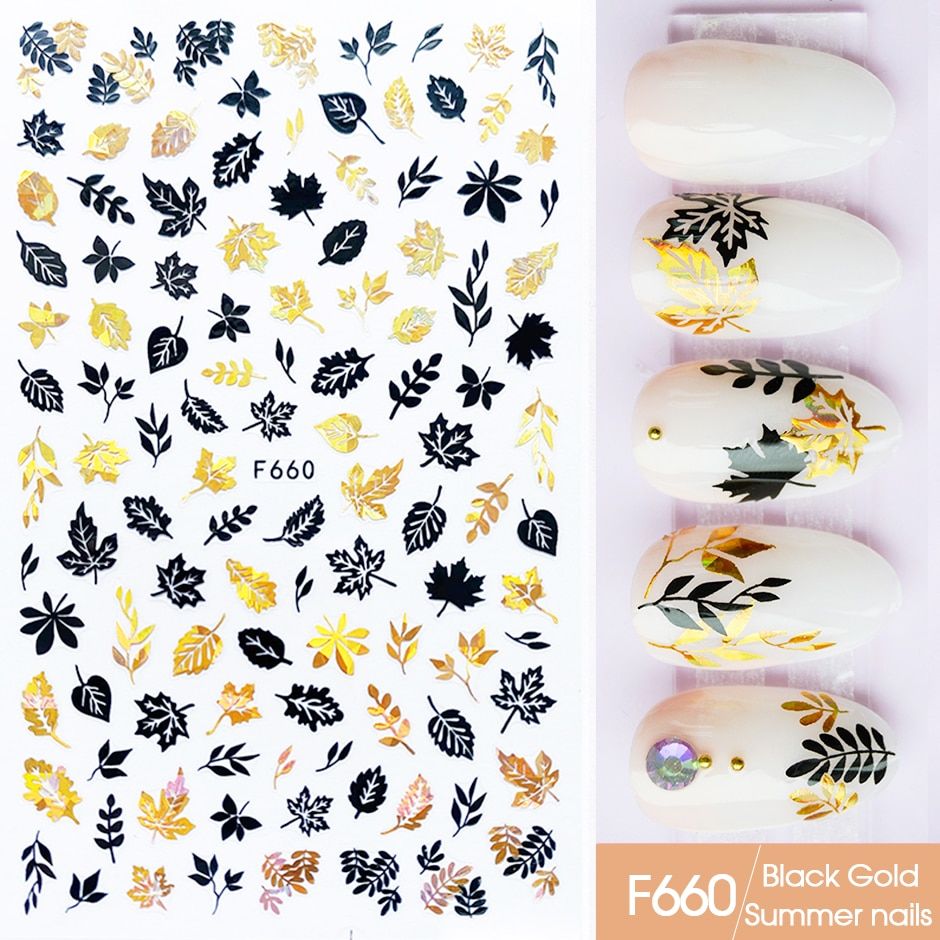 3D Black Leaf 3D Stickers Nail Decals Maple Design Laser Shinning Manicure Decoration Nail Art Slider Adhesive Tip GLF654-661-1