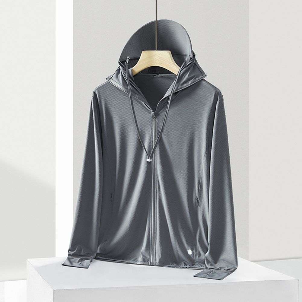 Men Ice Silk Sun Protective Tops Detachable Wide Brim Anti-uv Drawstring Breathable Hooded Jacket