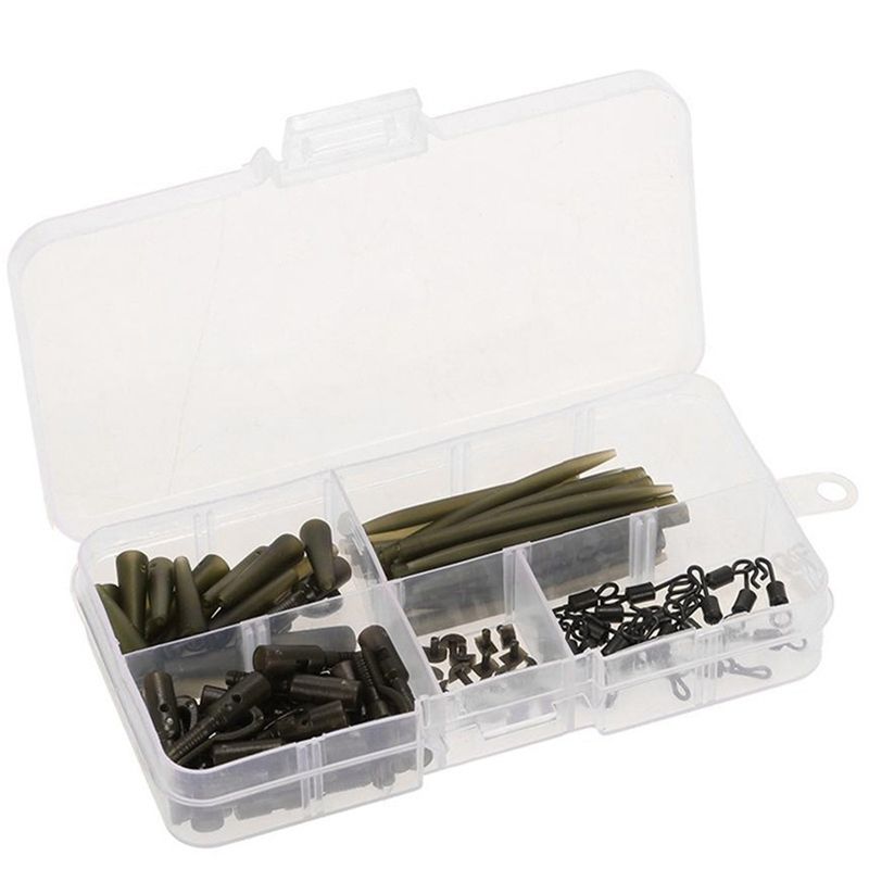 100Pcs Carp Fishing Accessories Kit Anti Tangle Sleeves Tail Rubbers Safety Lead Clips Quick Change Swivels with Box