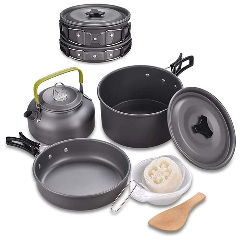 Camping Cookware Mess Kit, Outdoor Cookware Set, Nonstick Aluminum Cooking Pot Pan Kettle for Hiking and Picnic