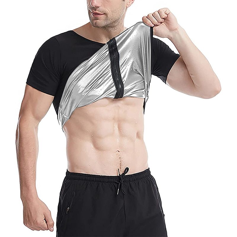 Sauna Waist Trainer for Men Weight Loss Sheath Short Sleeves Tops Sweat Shapewear Shirt Slimming with Zipper Thermal Body Shaper