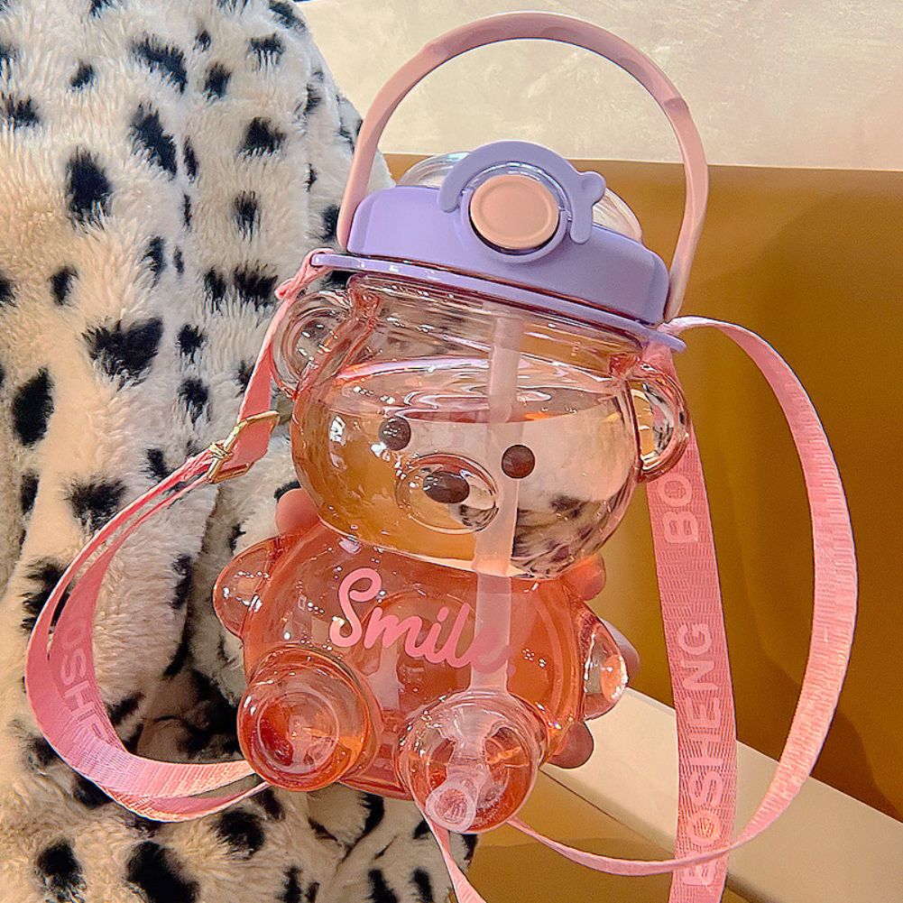 Bear Water Bottle With Straw Strap Large Capacity Milk Bubble Tea Cup Cute Kids Girls School Outdoor Drink Water Bottles
