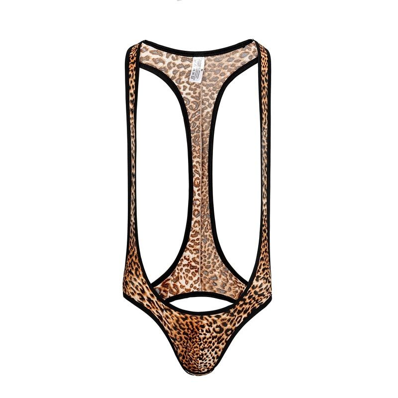 One Piece Bodysuit Men Leopard Print Backless Underwear Wrestling Singlet Jumpsuit Erotic Strap Costume Jockstrap Lingerie