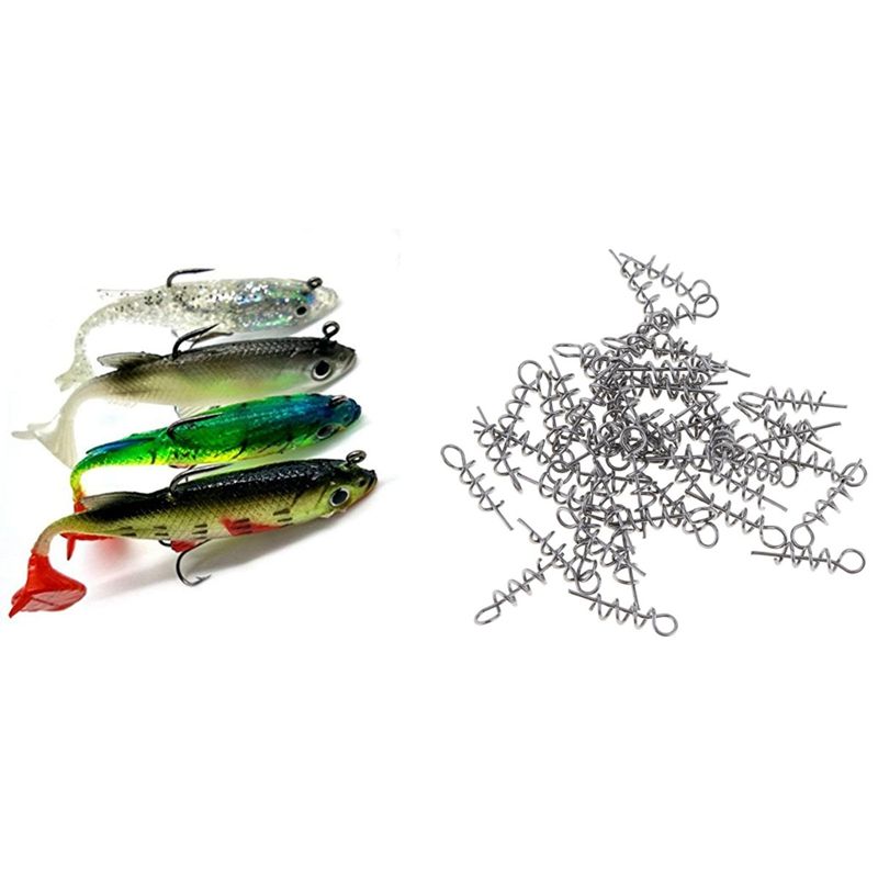 100Pcs Spring Twist Lock Fishing Hook Centering Pin & 4Pcs Arrive 8cm 14G Soft Bait Lead Head Sea Fish Lures