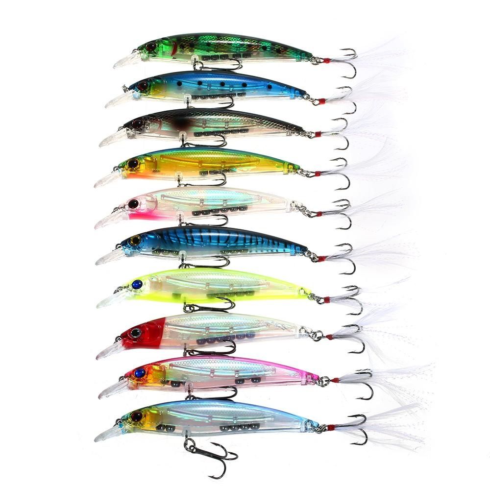 【BestGO】10PCS 0.6-1.8m Diving Minnow Fishing Lures 13.6g 110mm  Bait Hard Fishing Lure Set Wobbler Bait with #4 Feather Hooks