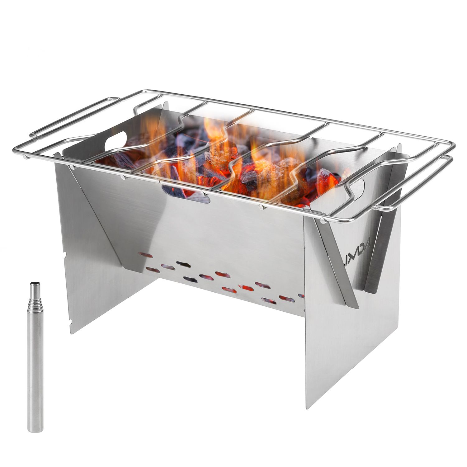 Camping Wood Burning Stove Outdoor Portable Folding Stainless Steel Backpacking Cooking Stove with Grill Plate and Bellow