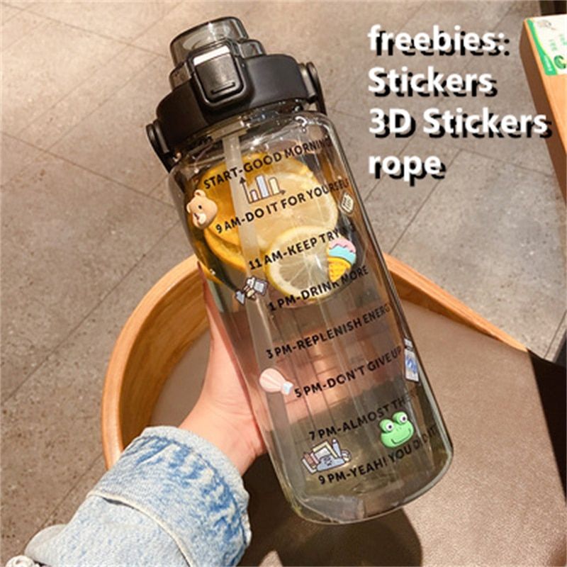 2L Large Capacity Water Bottle Outdoor Tour Climbing Hiking Self-Driving sport Water Bottle with Stickerstime Marker Fitness Jug