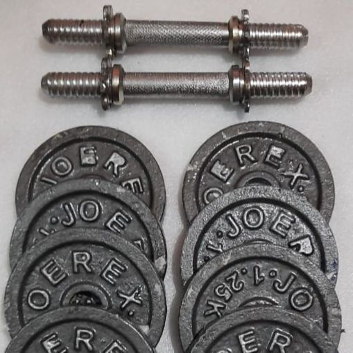 Eight Pieces Dumbbell Set With Two 10 inch Sticks - 10Kg - Grey and Silver Combo