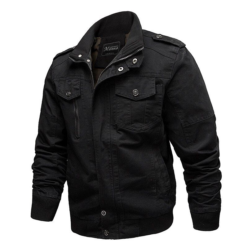 Outdoor Jacket Men's Bomber Jacket Cotton Stand Collar Military Classic Coat Hiking Slim Windbreaker Black Khaki