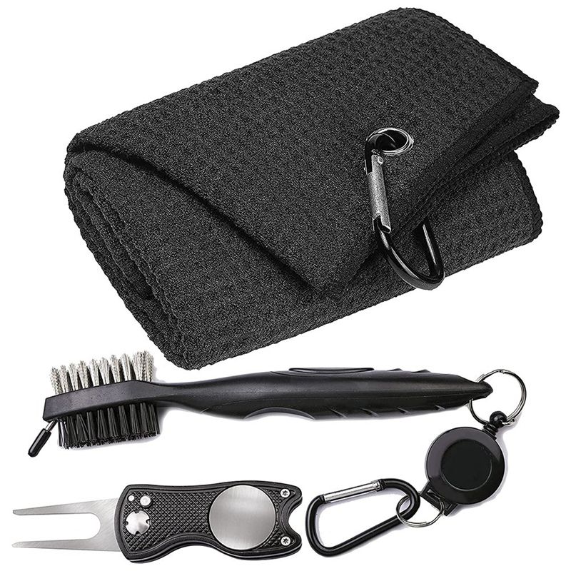 Golf Towel Set Sports Towel with Carabiner Tri-Fold Golf Towel 40X60cm Golf Club Brush Green Fork for Golf Enthusiasts