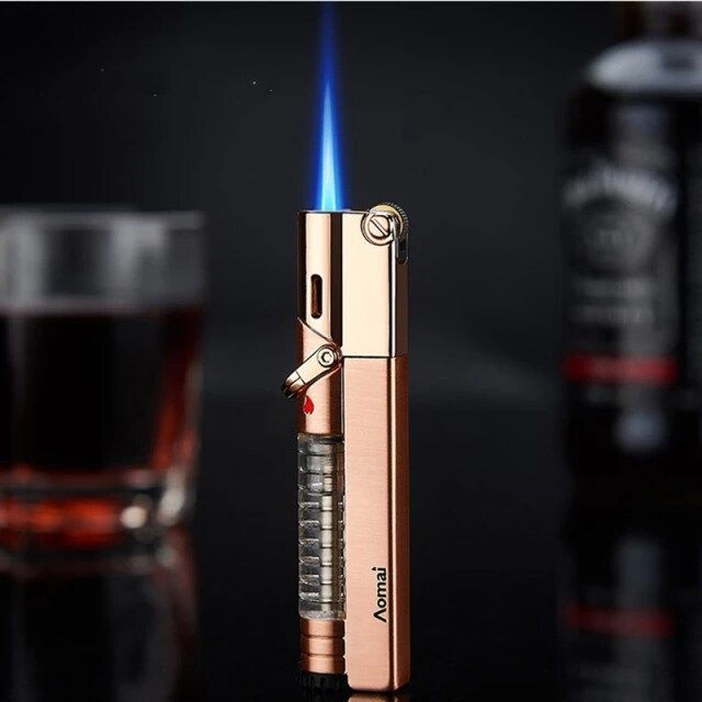 Amoi Gas Visible Jet Windproof Lighter Safety Lock Straight Flame Refillable Gas Window for Cigar BBQ Kitchen Cooking