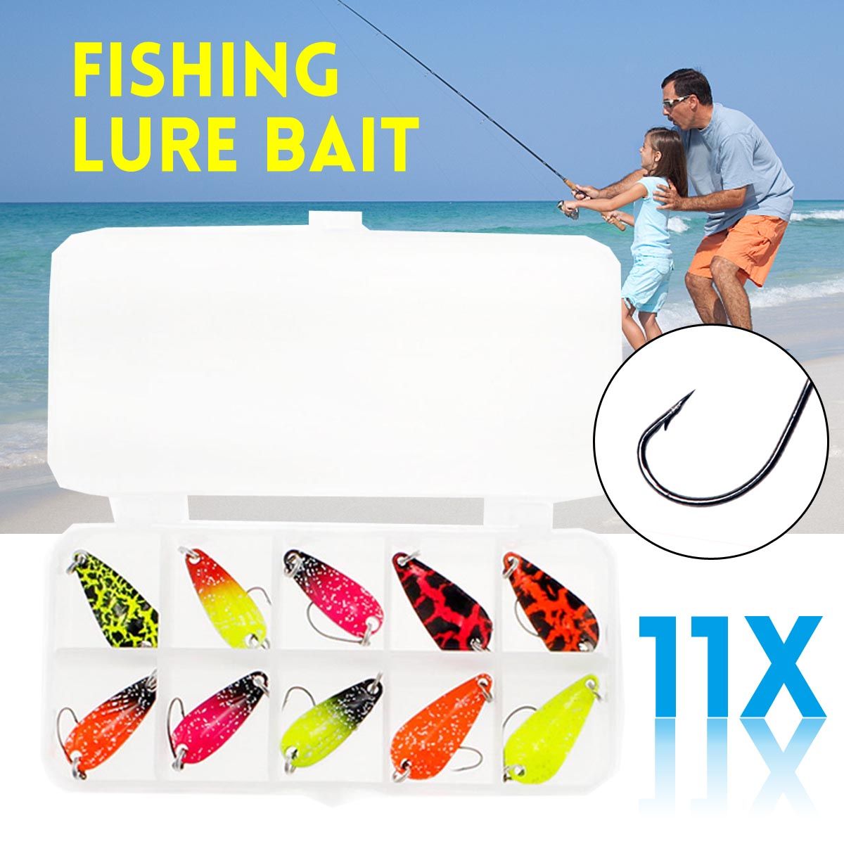 11Pcs Colorful Fishing Lure Bait Attract Big Fish Metal Spoons Single Barb