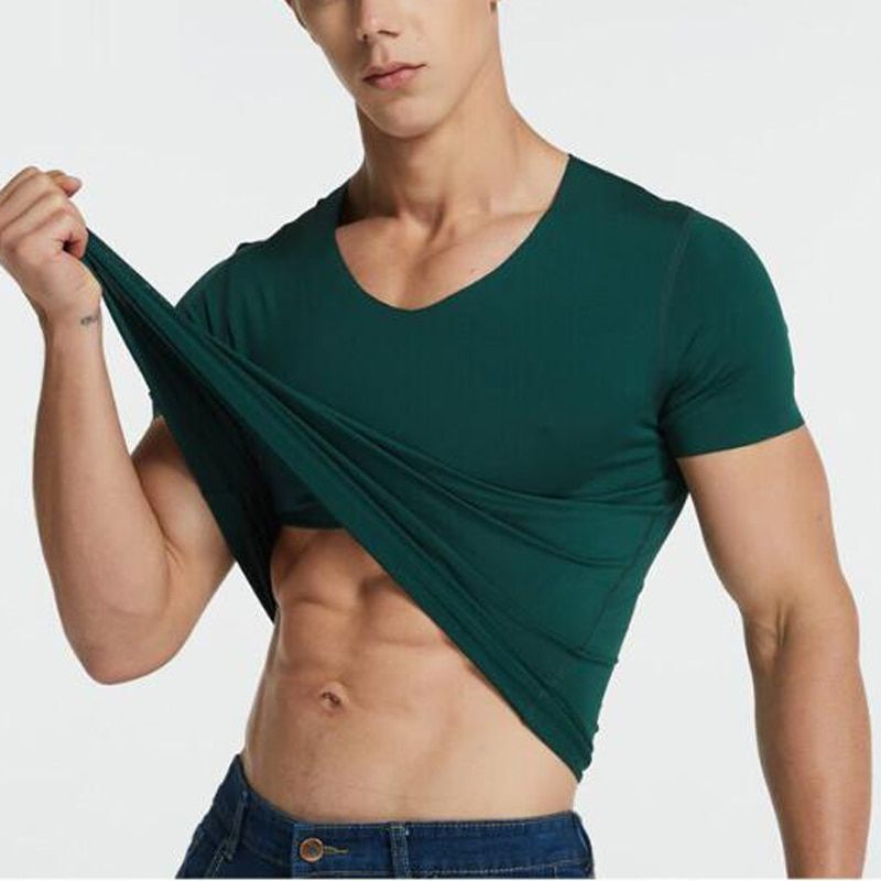 Men Ice Silk Seamless Short-sleeved T-shirt V-neck Summer Slim Thin Solid Color Bottoming Shirt Sports Underwear Multicolor