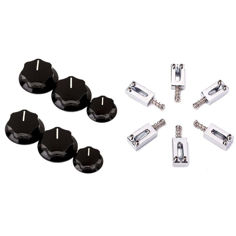 6x Electric Guitar Bridge Saddles Flat Set & 6Pcs Control Knob Volume Audio Control Knobs for Jazz Bass Electric Guitar