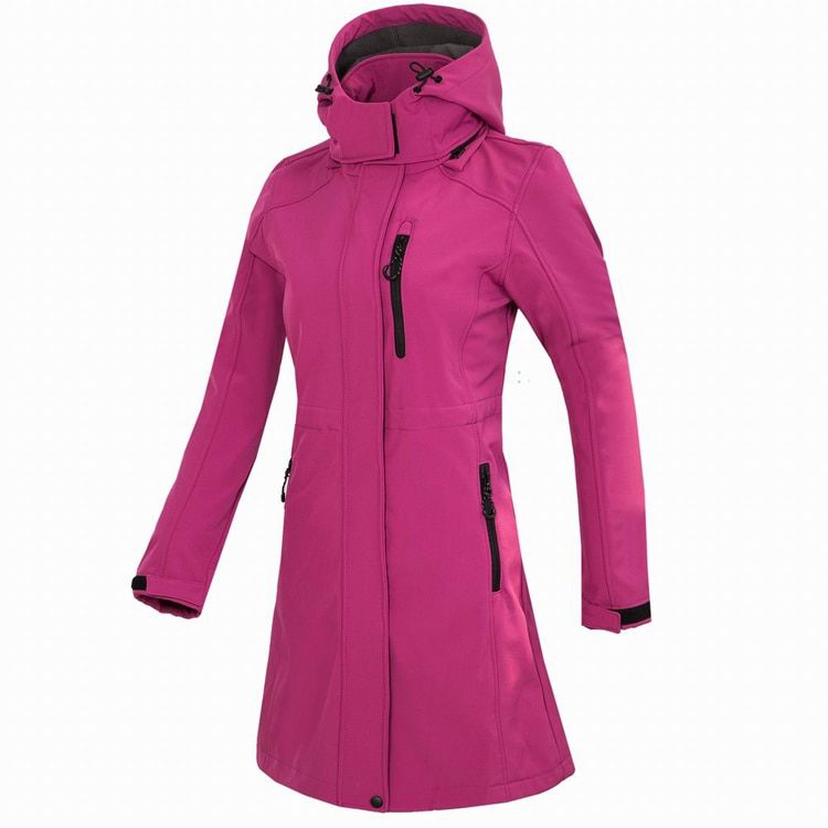 TRVLWEGO Woman's Outdoor Long Style Fleece Hiking Camping Casual Sports Hooded Jacket Windbreaker Soft Shell Clothing