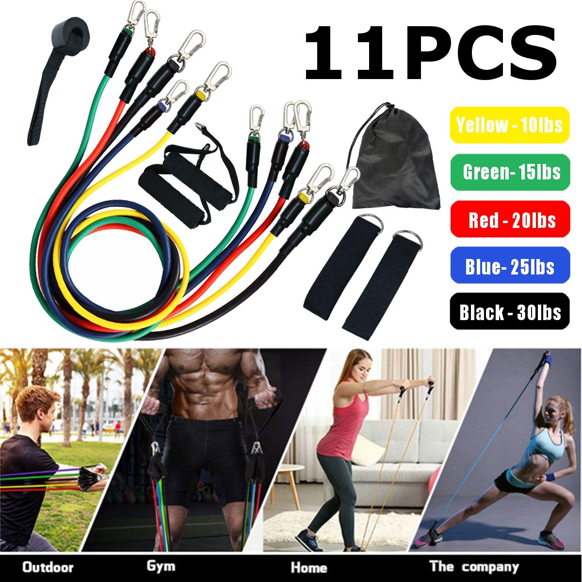 Useful 11pcs/Set 1.2m Indoor Fitness Elastic Rope Resistance Bands 10~100LB with Carry Bag for Physical Therapy Resistance Training Yoga Pull Rope Exercise Fitness