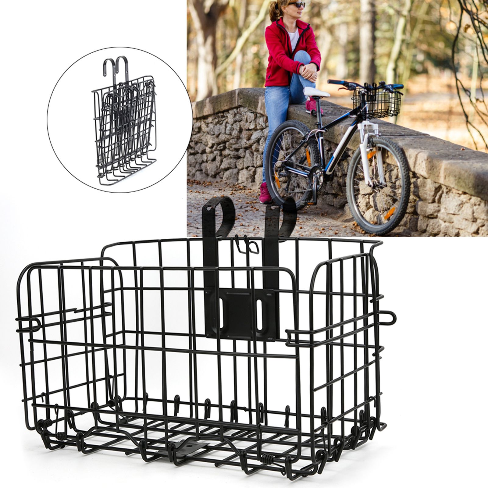 Strong Black Iron Bicycle Basket Enough Capacity Folding Durable Front Suitable for Mountain Bike