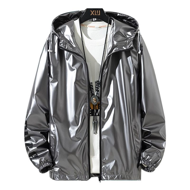 Spring Autumn Hiking Jacket Grey Glossy Coat Outdoor Waterproof Windbreaker Bright Thin Jacket Proof Raincoat Camping Hood Coat