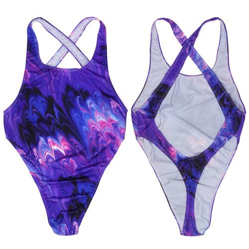 G7284 Mens bodysuit Thong Leotard High Cut X Cross Back Swimsuit Swim Fabric Printed purple flame floral foiled outline
