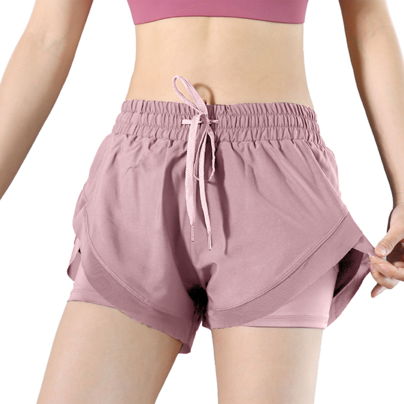 Pink & L 2-in-1 Women High Waist Yoga Shorts with Liner Quick Dry Sport Running Fitness Athletic Shorts with Phone Pocket