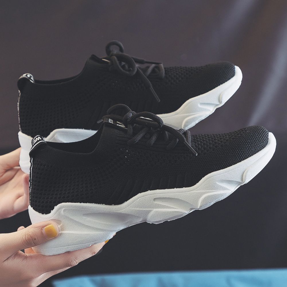 Lady Knitting Breathable Sports Shoes Flying Weaving Solid Color Lace-up Casual Sneakers
