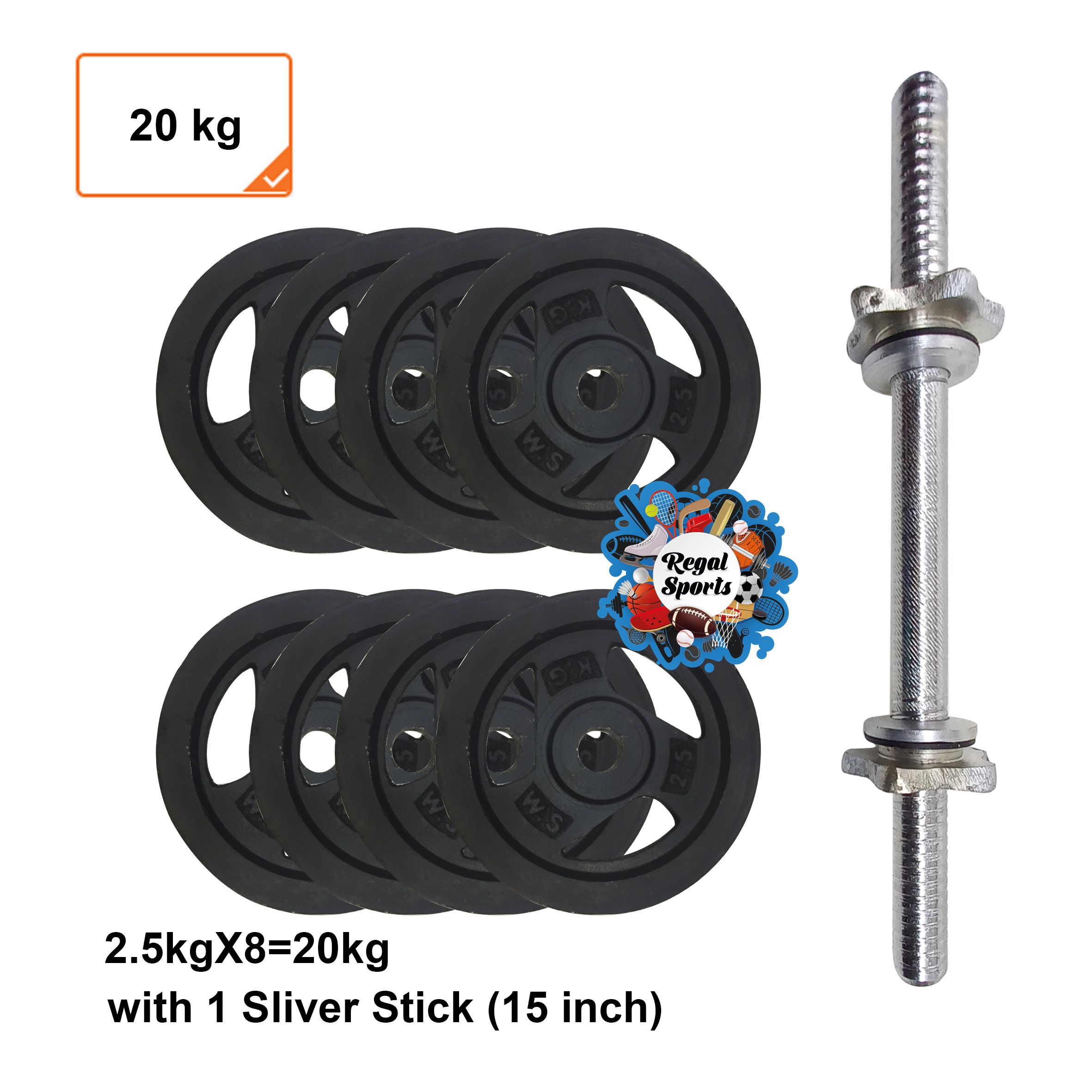 Black Dumbbell - 8 Pcs 2.5 kg Black Plate with 1 Pcs 15 inch Stick - 20 kg